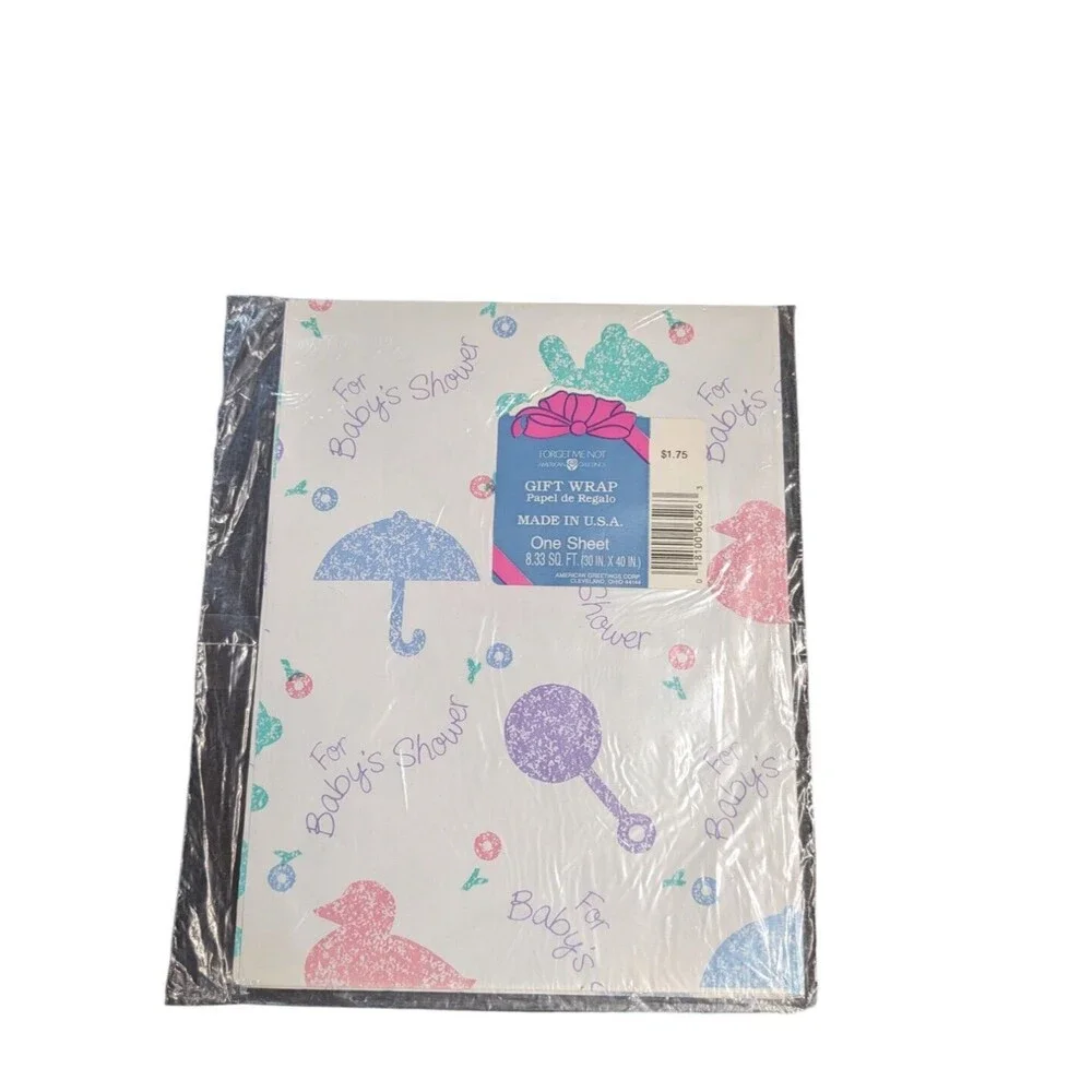Vintage Forget Me Not Gift Wrap Paper Baby Shower Umbrella Teddy Bear Ephemera